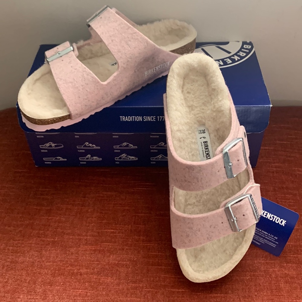 📌 Birkenstock Arizona Rivet Soft Pink shearling wool 38 US 7 narrow to reg fit - Picture 4 of 9